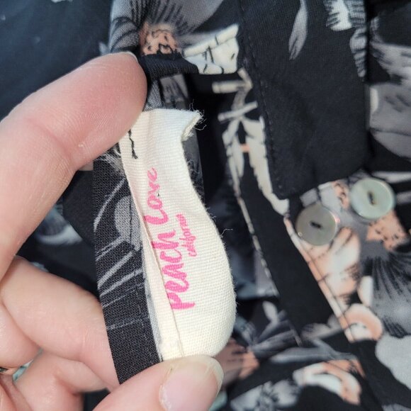 Peach Love Top Womens M Black Floral Collared Bell Sleeve V-Neck‎ Blouse Boho - Picture 5 of 11